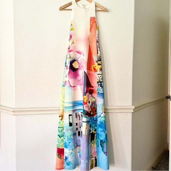 Clover Canyon Maxi Dress Florescent Rose Floral Abstract Neoprene Scuba Runway - Picture 4 of 16